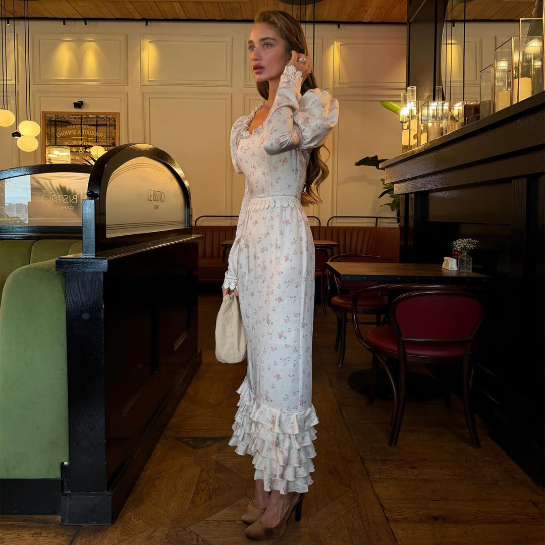Women's Elegant Maxi Dress with Delicate Ruffle Sleeves and Floral Pattern Lisslune