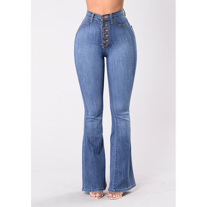 Women High-Waist Flared Jeans with decorative button details and elastic waistband Lisslune