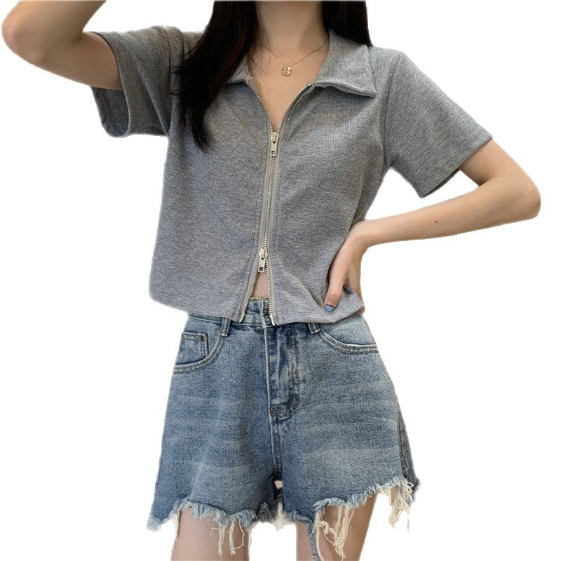 Women Cropped Polo Shirt with Zipper and Textured Finish Lisslune