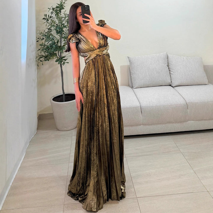 Ladies Glamorous Pleated Maxi Dress with Deep V-Neck and Puff Sleeves Lisslune