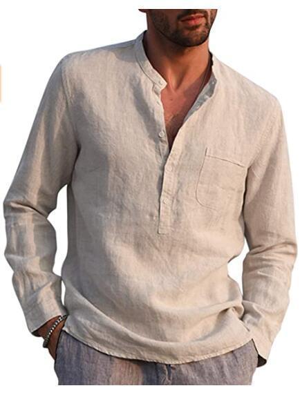 Men's linen shirt with classic Henley neckline and chest pocket Lisslune