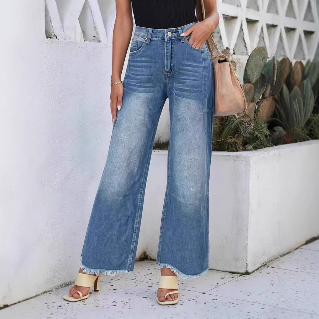 Damen weite Denim-Jeans mit kreativem Muster und fransigem Saum Lisslune
