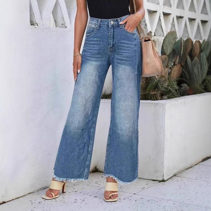 Damen weite Denim-Jeans mit kreativem Muster und fransigem Saum Lisslune