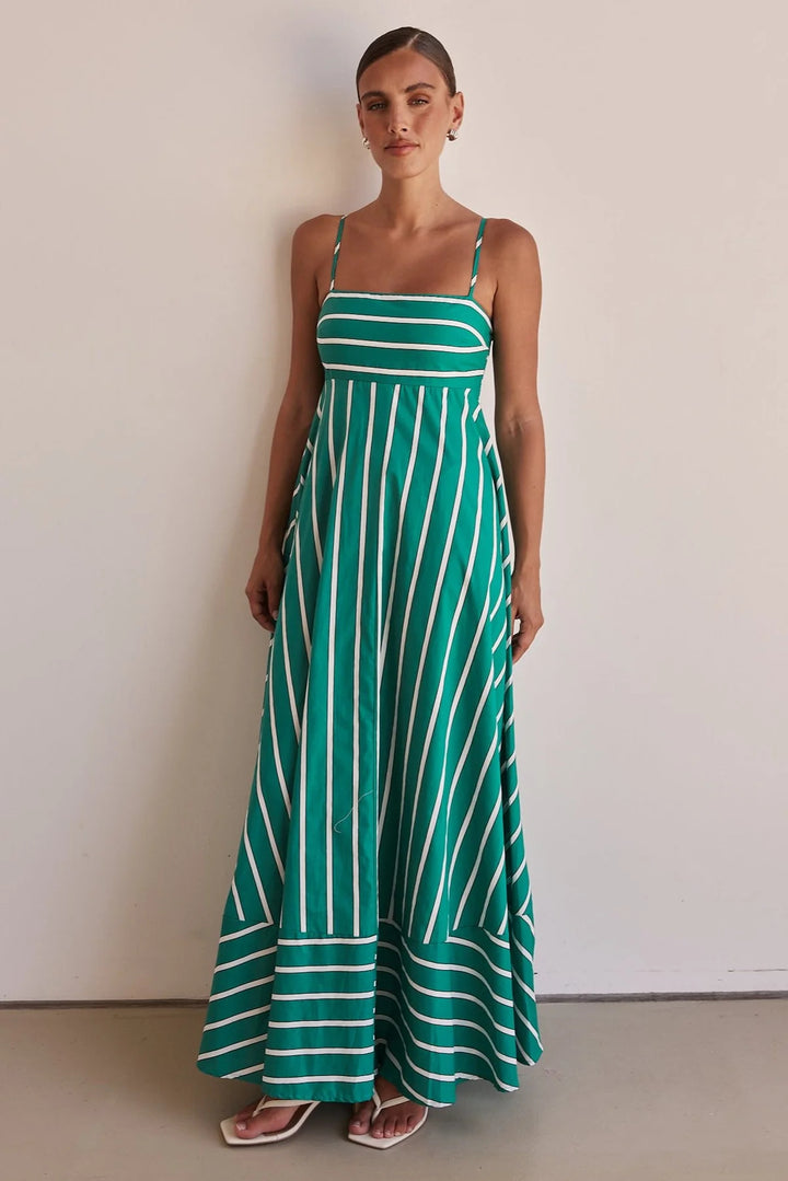 Women's Long Sleeve Maxi Dress with Elegant Stripe Pattern and Flowing Cut
