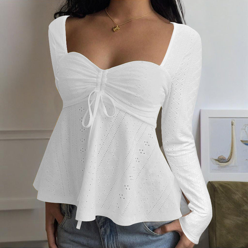 Women's Ruffle Shirt with Deep Heart Neckline and Playful Elegant Design