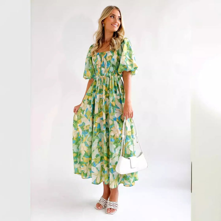 Women's Off-Shoulder Maxi Dress with Floral Patterns and Elastic Waist Lisslune