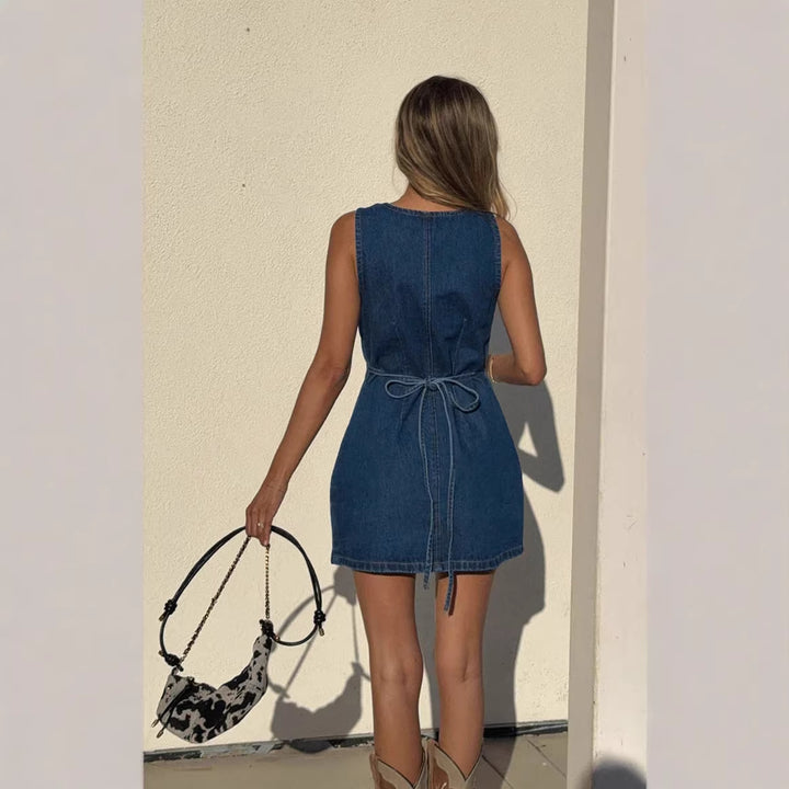 Women’s Denim Dress with V-neck and Button Placket Lisslune