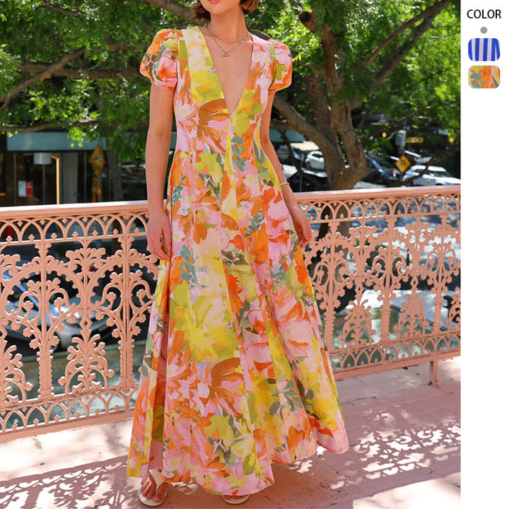 Women's maxi dress with deep V-neck and voluminous sleeves Lisslune