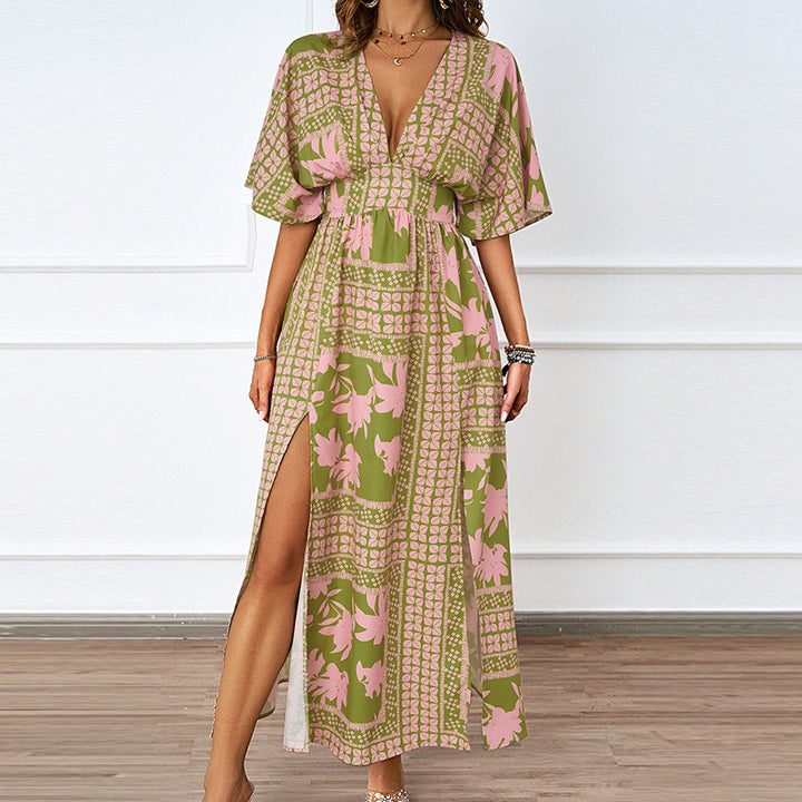 Ladies airy maxi dress with deep V-neckline and elegant ruffles