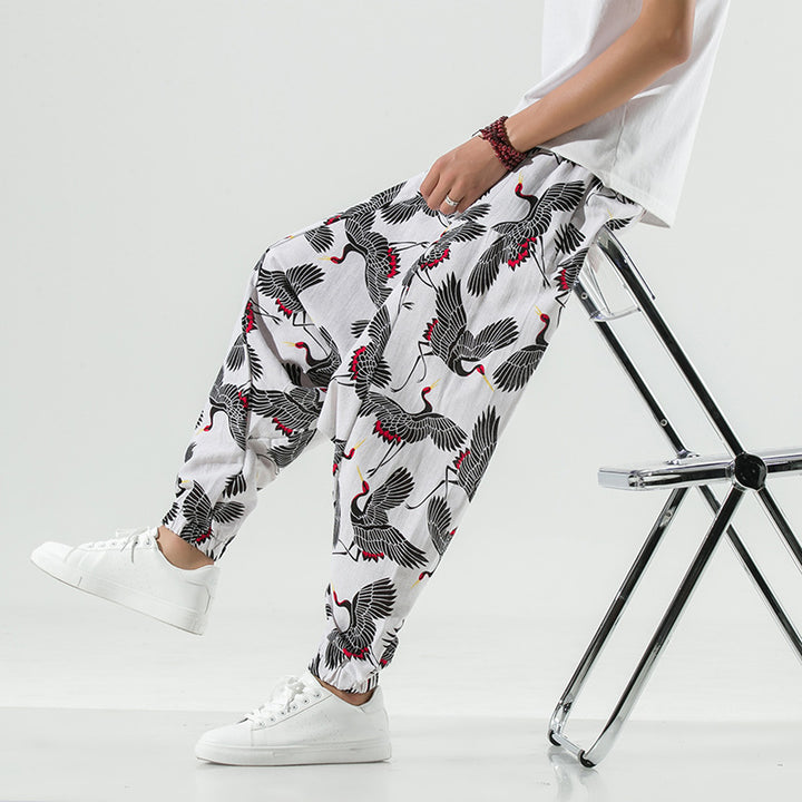 Men's casual and breathable harem pants with unique crane pattern Lisslune