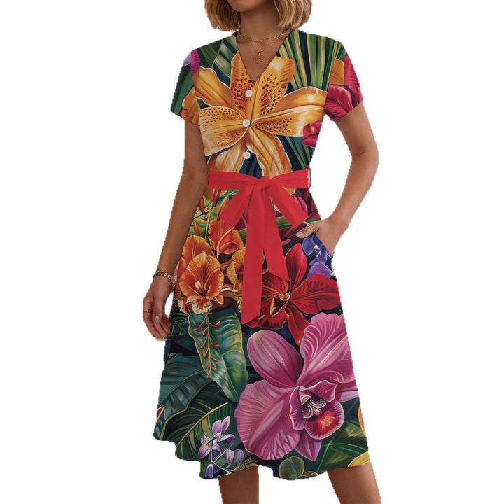 Women’s midi dress with colorful floral design and adjustable tie belt Lisslune