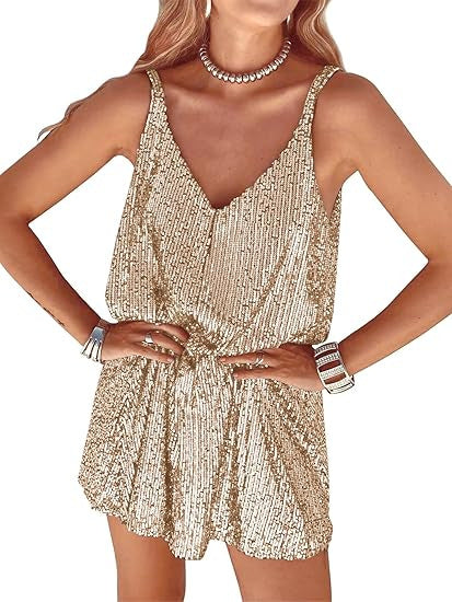 Women's Shimmering Jumpsuit with Deep V-Neck and Elastic Waist Lisslune