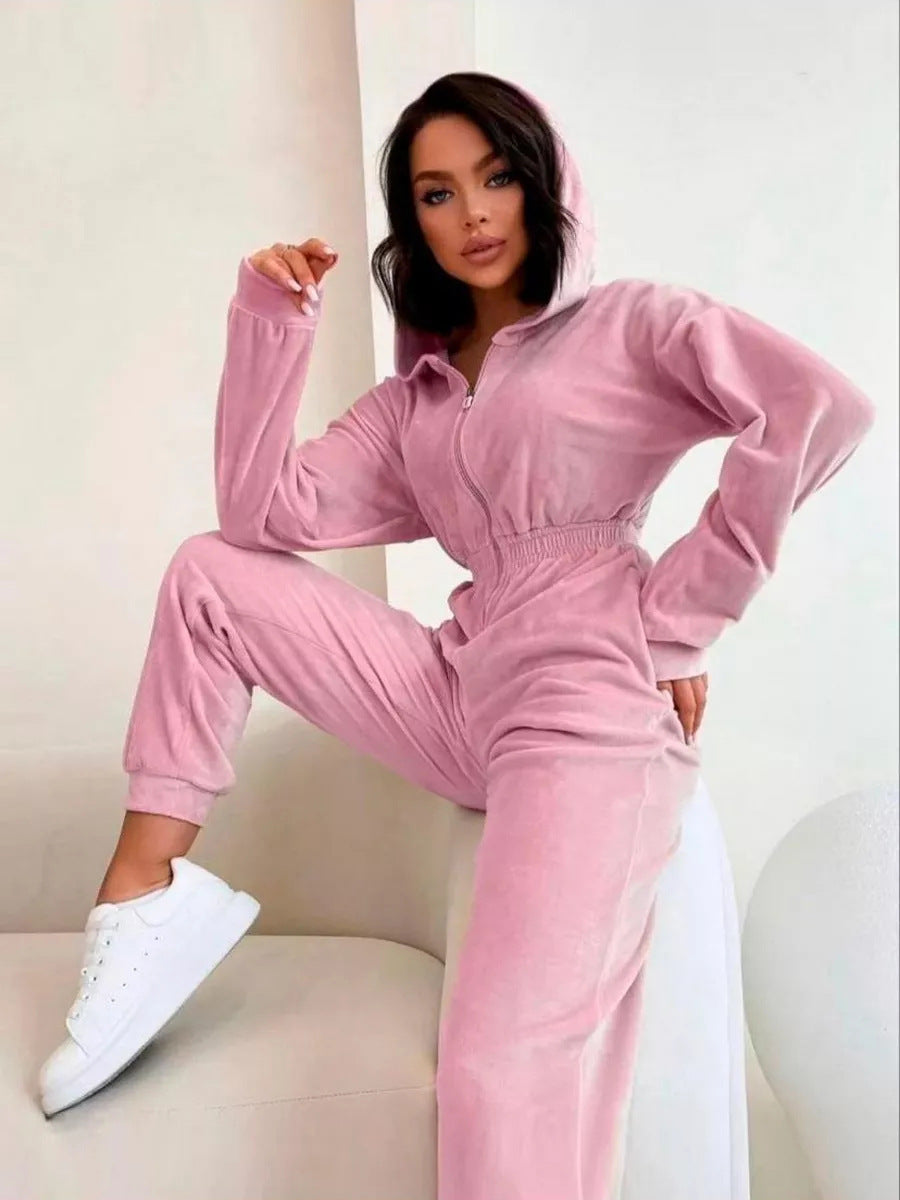 Women's sporty fleece jumpsuit with hood and elastic waistband Lisslune
