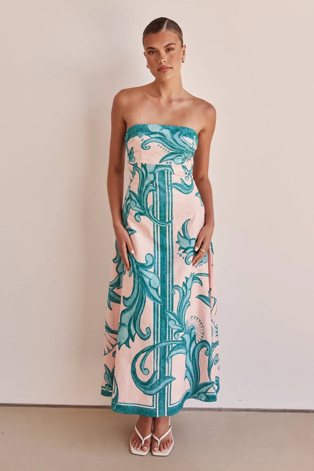 Women’s Strapless Maxi Dress with Floral Design and Elegant A-Line Cut