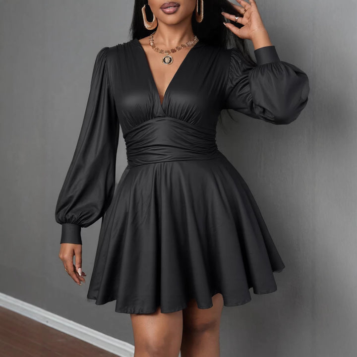 Damen elegantes Minikleid mit tiefem V-Ausschnitt und voluminösen Puffärmeln Lisslune
