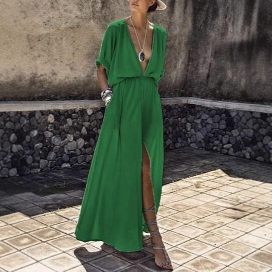 Women's Elegant Maxi Dress with Deep V-Neck and High Slit Lisslune