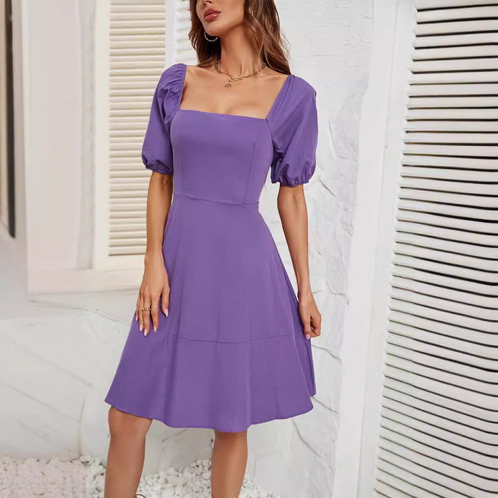Ladies Elegant Off-Shoulder Dress with Voluminous Puff Sleeves and Asymmetrical Cut