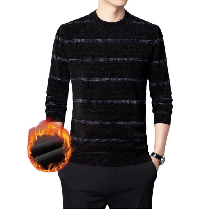 Men's elegant crew neck sweater with fine stripe pattern and warming inner lining Lisslune
