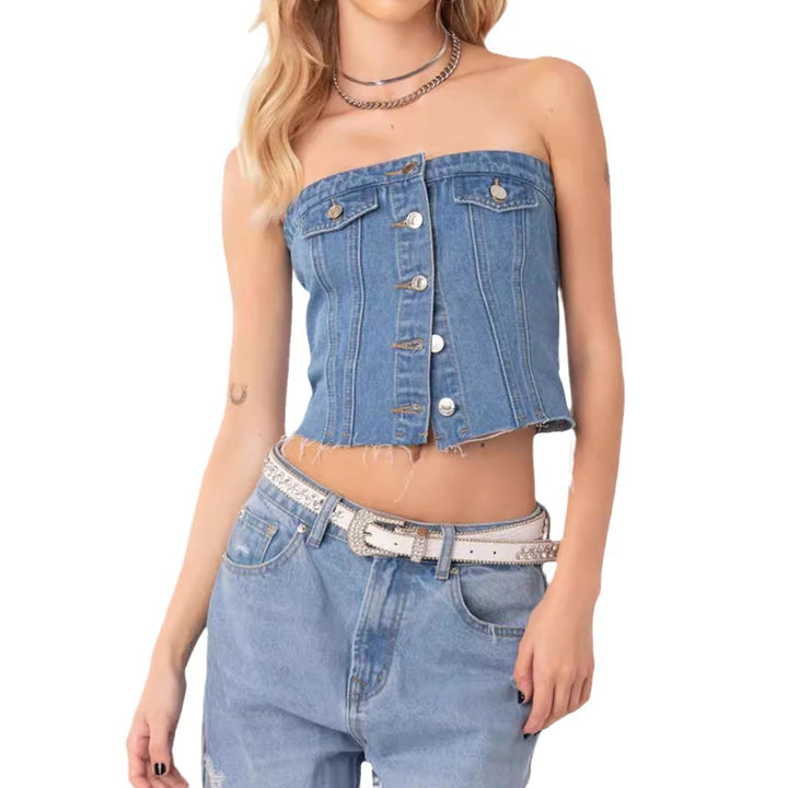 Women's Denim Crop Top with Knitted Overlay Lisslune