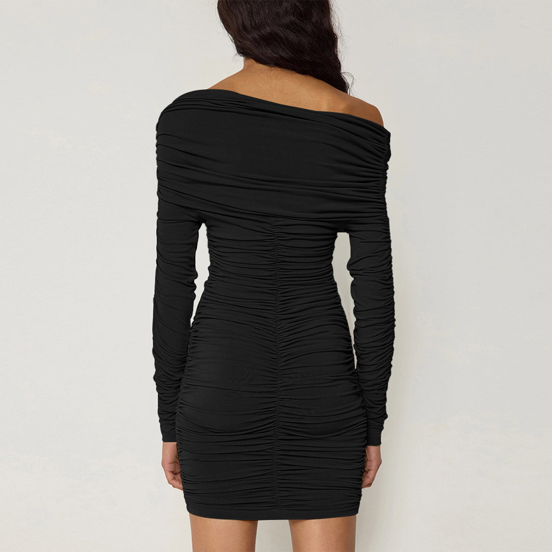 Damen Figurbetontes Off-Shoulder Kleid mit Raffung und langen Ärmeln Lisslune
