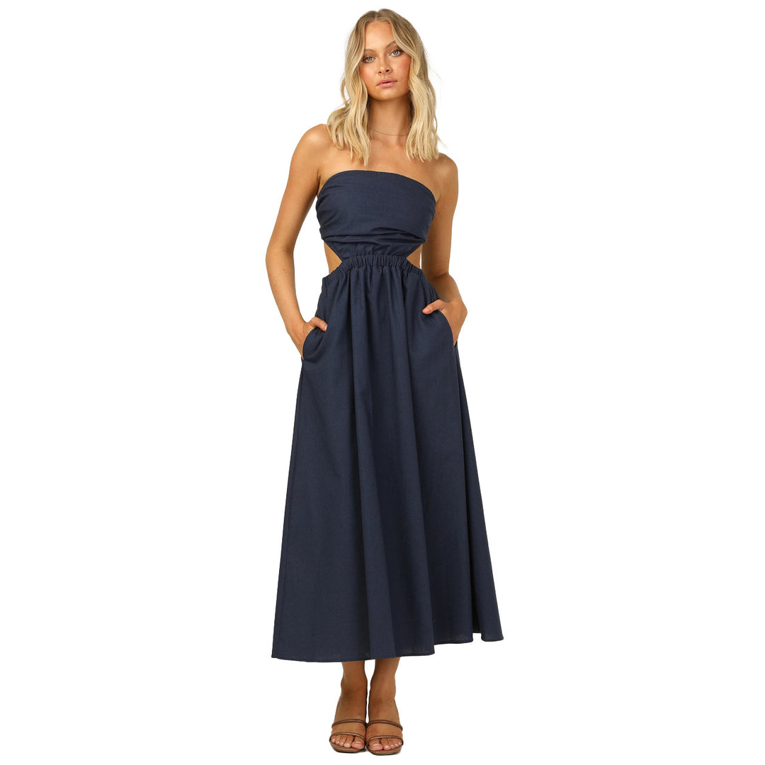 Women Strapless Maxi Dress with Side Cut-Out and Practical Pocket Design Lune London