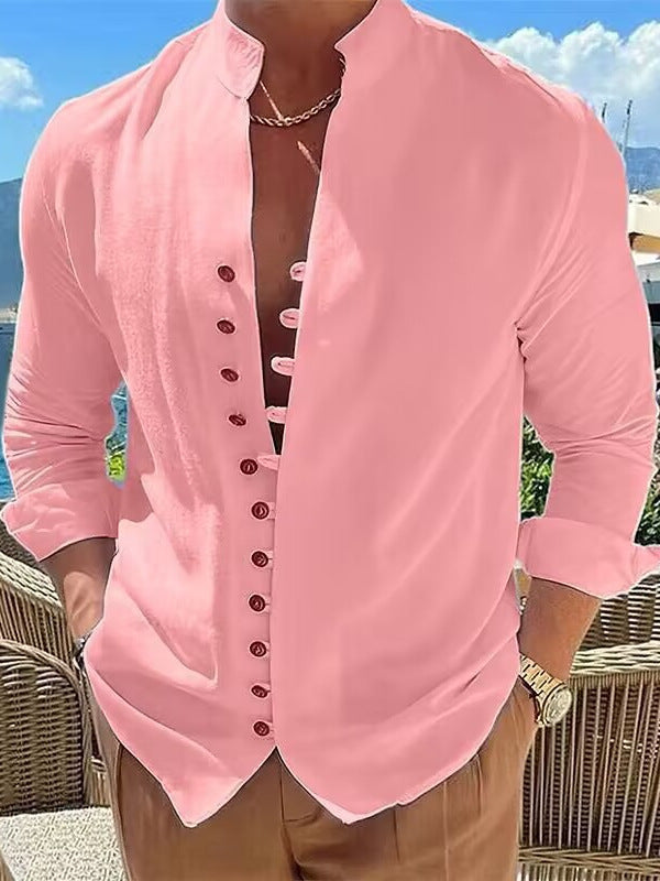 Men's cotton shirt with fashionable stand-up collar and decorative button placket Lisslune