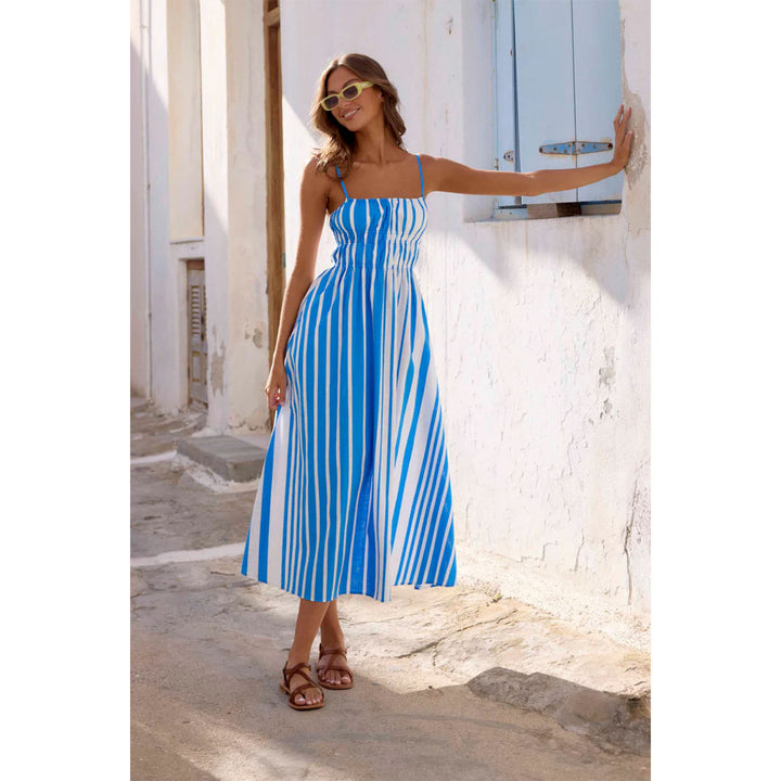 Women's summer maxi dress with narrow straps and sophisticated striped pattern Lune London