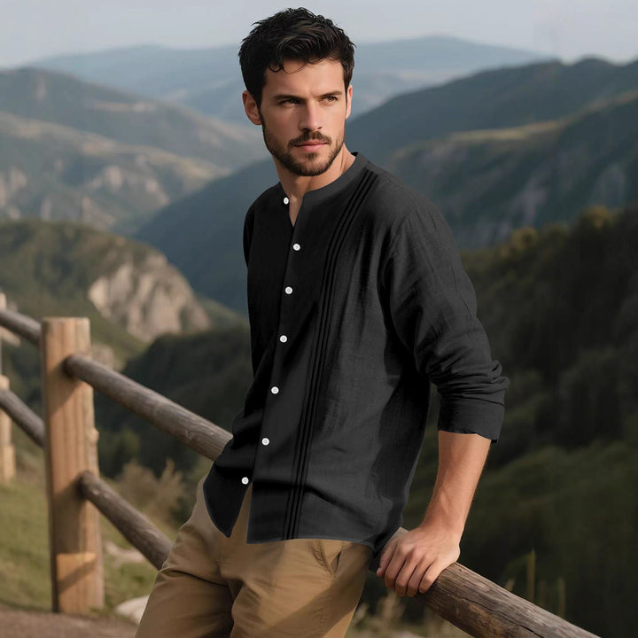 Men's fashionable long-sleeve shirt with textured surface and innovative stand-up collar Lisslune