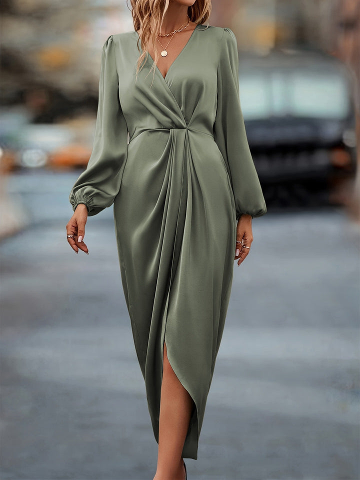 Women’s Satin Maxi Dress with V-Neck and Elegant Puff Sleeves Lisslune