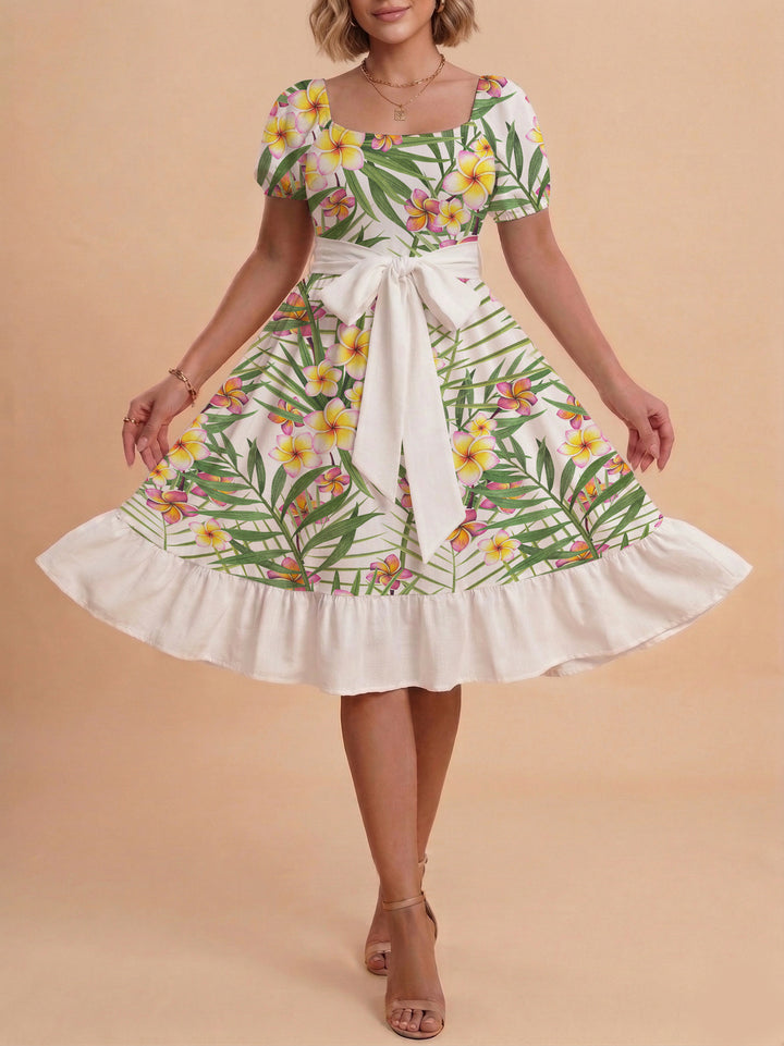 Women's elegant maxi dress with floral design and waist belt Lisslune