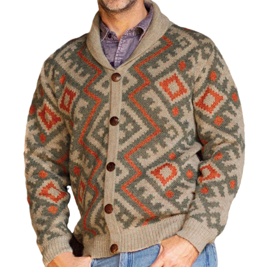 Men's cardigan with traditional geometric pattern and warm shawl collar Lisslune
