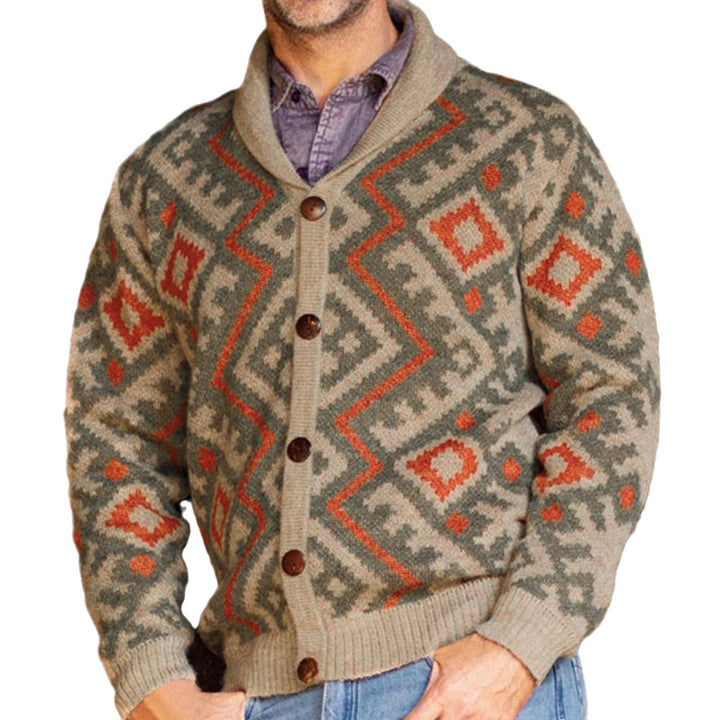 Men's cardigan with traditional geometric pattern and warm shawl collar Lisslune
