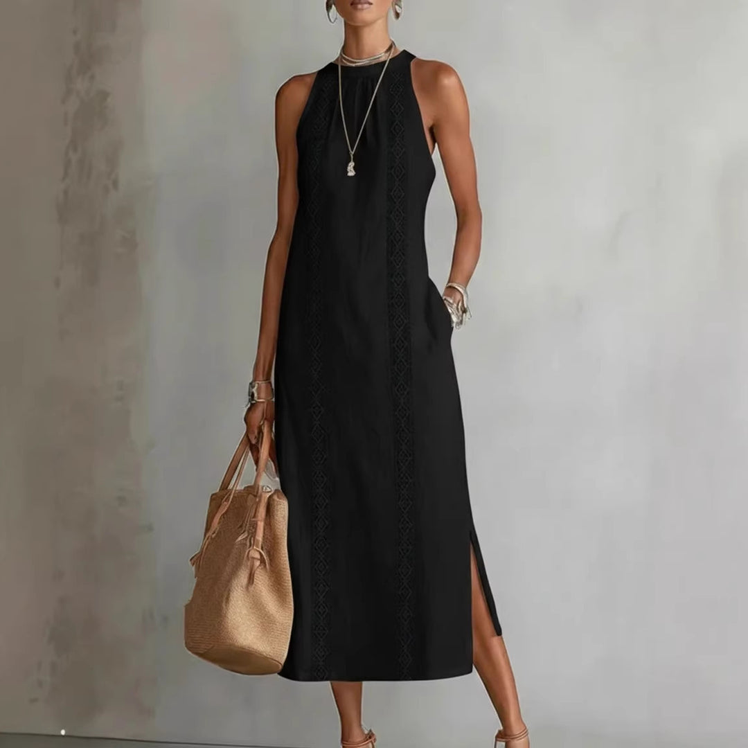Damen Elegantes Sommer-Maxi-Kleid mit Spitzenapplikation und seitlichem Schlitz Lisslune