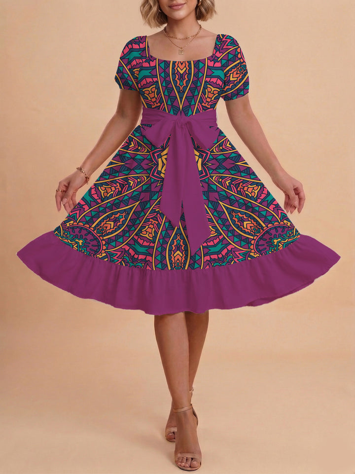 Women A-line dress with floral motifs and adjustable belt Lisslune