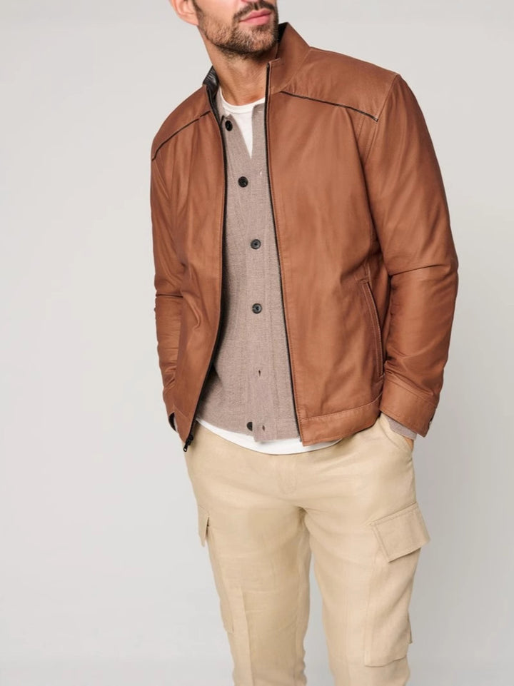 Men's leather jacket with elegant stand collar and side zippered pockets Lisslune