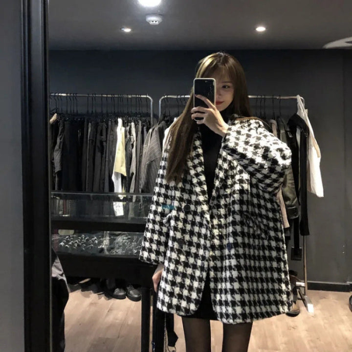 Women Oversized Check Coat with Double Button Placket Lisslune