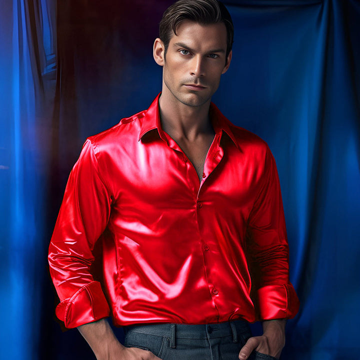 Men's Elegant Satin Shirt with Shimmering Finish and Classic Collar Lisslune