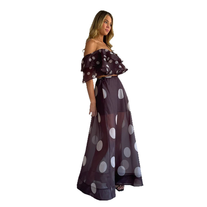 Ladies' maxi skirt set with off-shoulder top and playful ruffle design