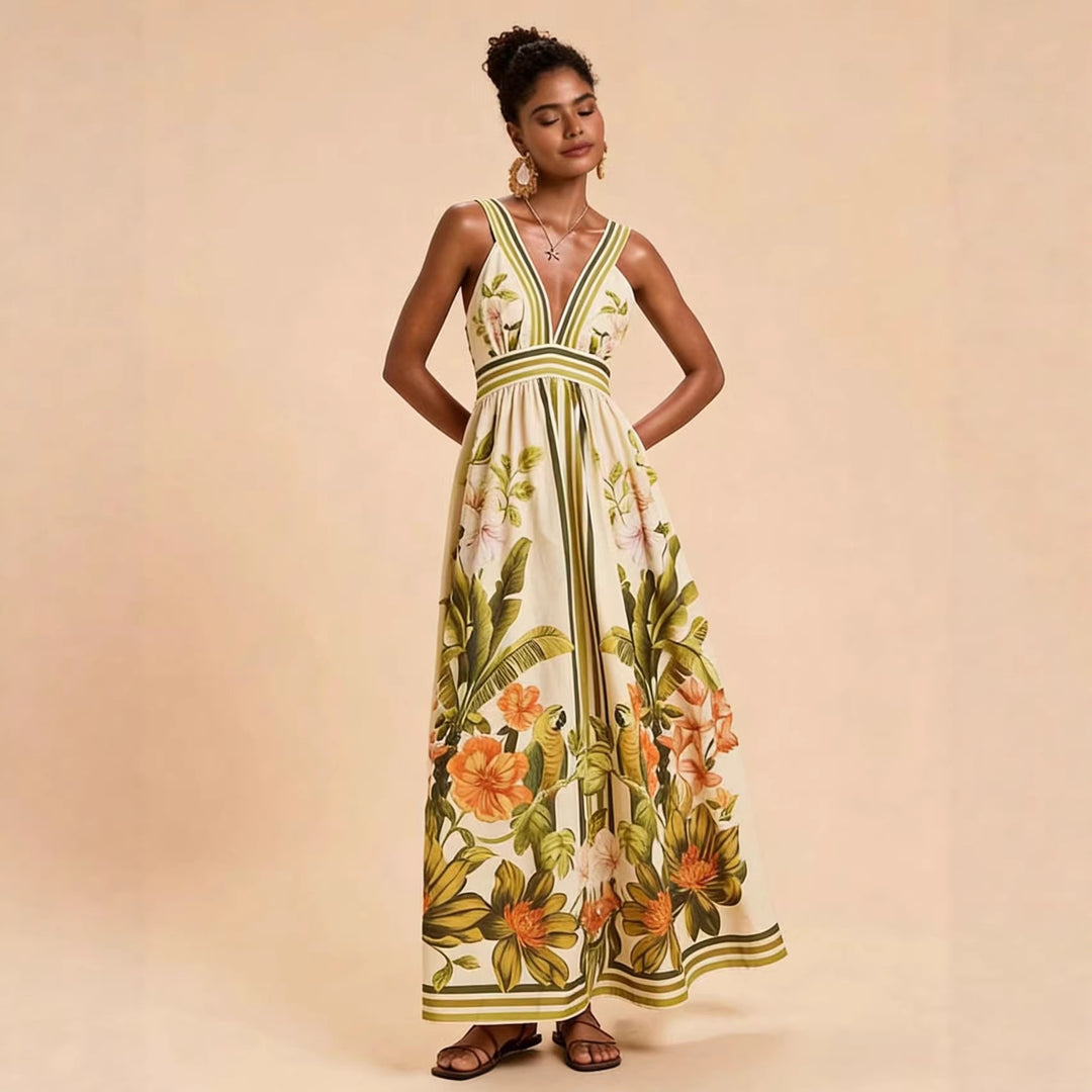 Women's maxi dress with deep V-neckline and floral design