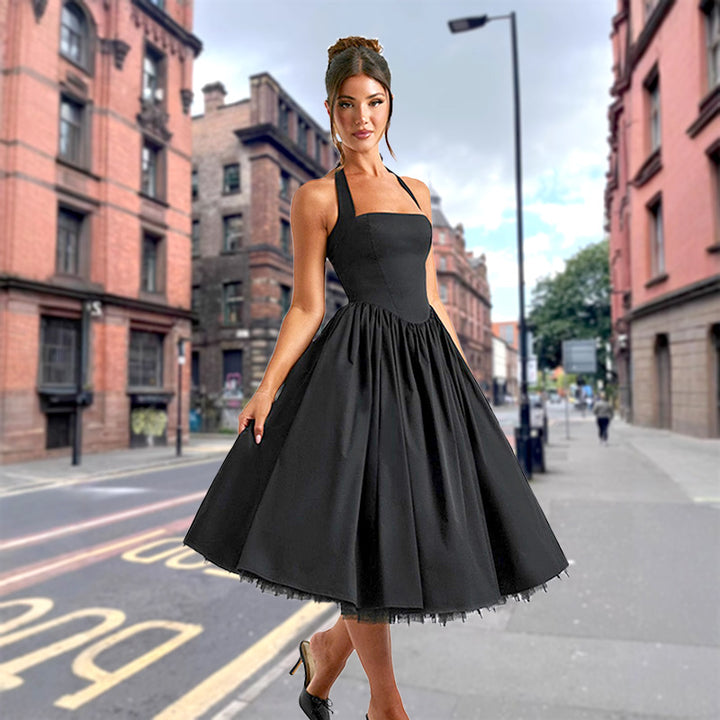Ladies Elegant Halterneck Dress with Voluminous Skirt and Integrated Tulle Lisslune