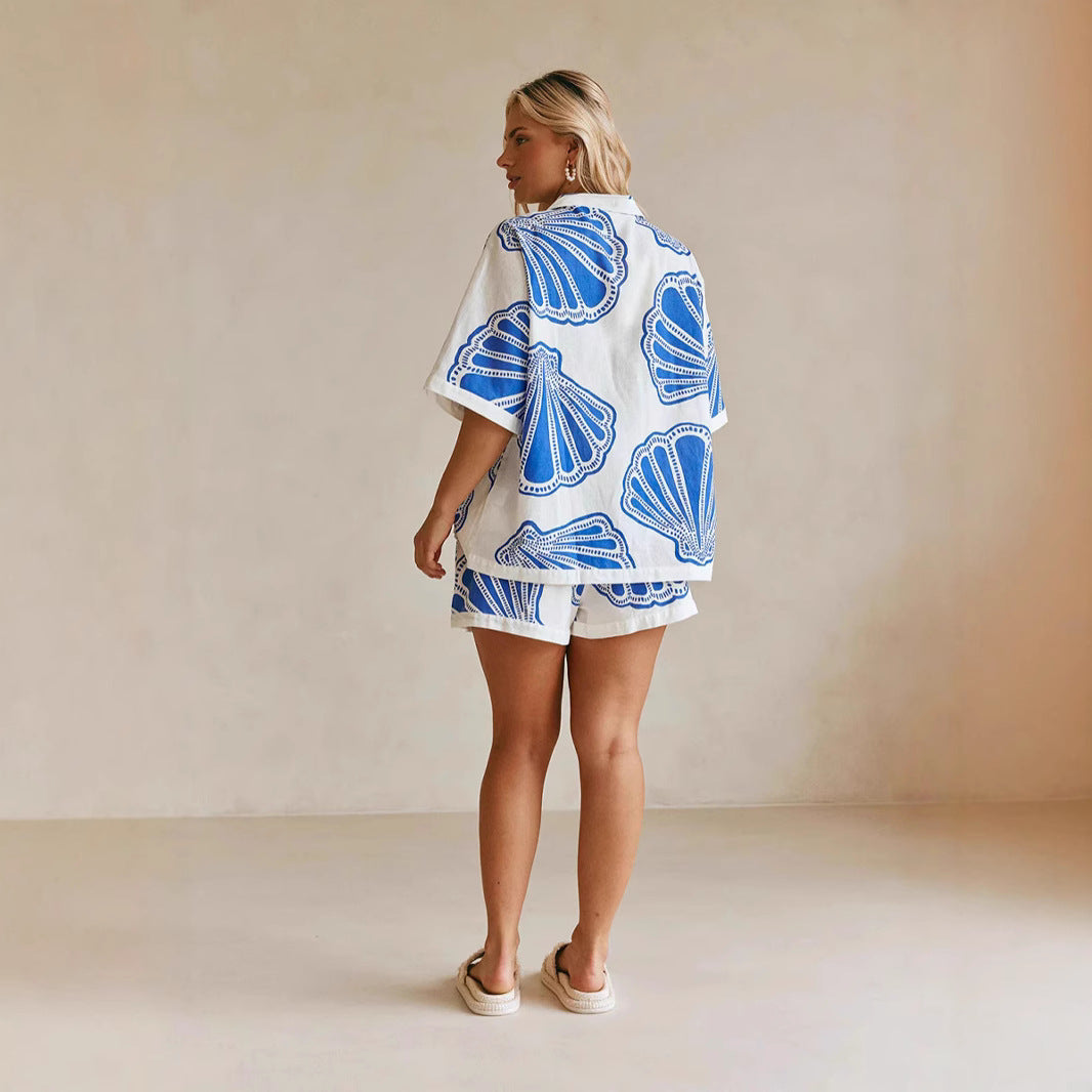 Women's Summer Short Sleeve Set with Maritime Shell Design and Loose Fit