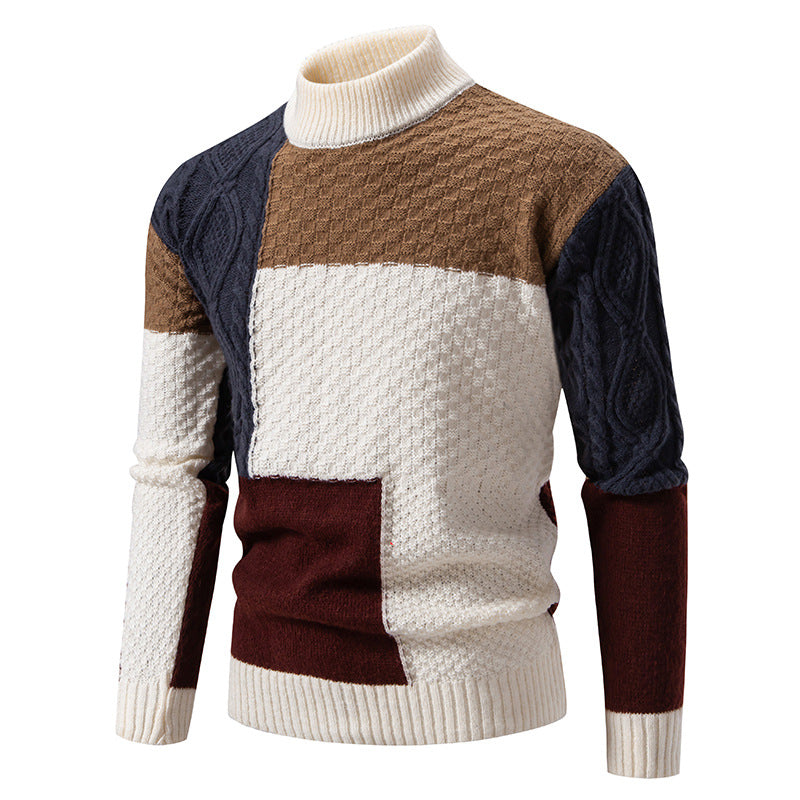 Men's fashionable chunky knit sweater with high collar and textured color block design Lisslune