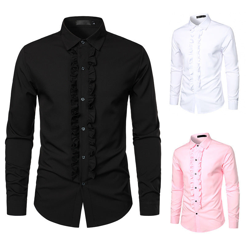 Men's Long Sleeve Shirt with Ruffle Decoration and Elegant Button Details Lisslune