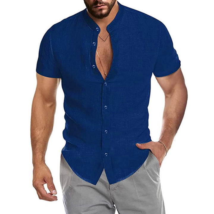 Men's short-sleeve shirt with modern stand-up collar and sophisticated button detail Lisslune