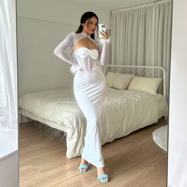 Women’s maxi dress with innovative corset top and transparent sleeves Lisslune