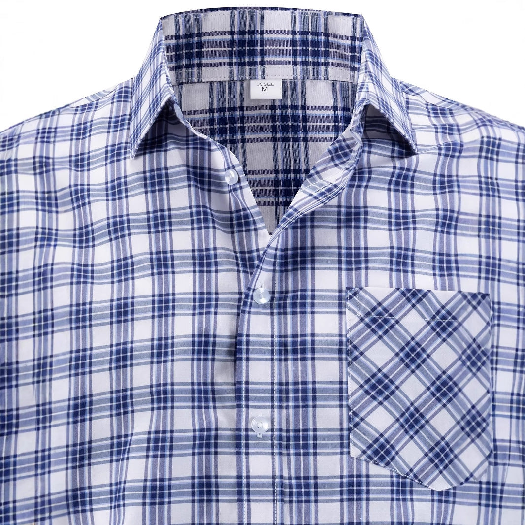 Men's Casual Checked Long Sleeve Shirt with Chest Pocket Lisslune