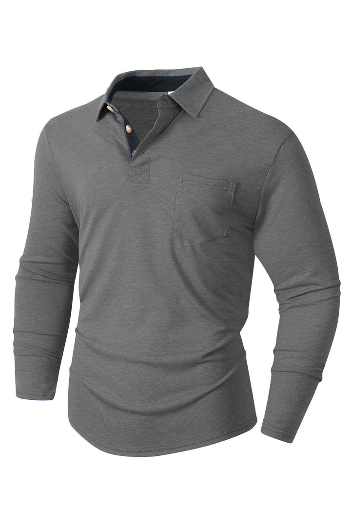 Men's casual long sleeve polo with innovative collar design and practical chest pocket Lisslune