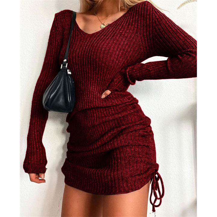 Damen Strick Mini-Kleid mit Raffung und V-Ausschnitt Lisslune