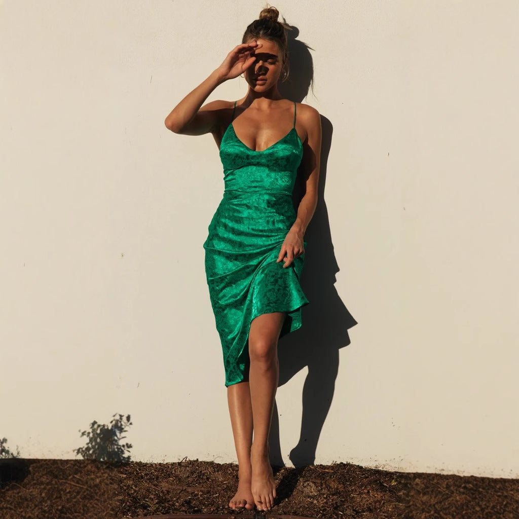 Women's elegant satin midi dress with adjustable straps and sophisticated cut