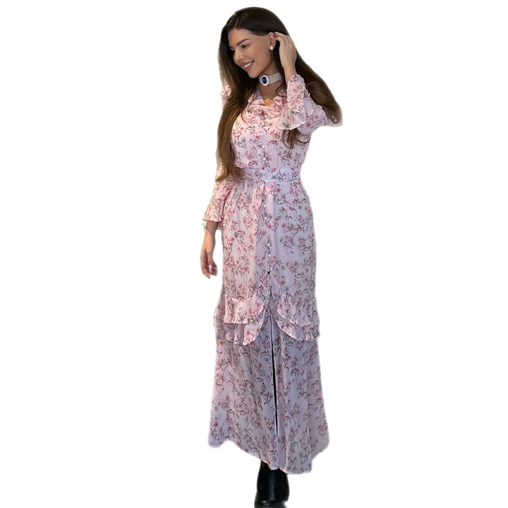 Ladies ruffle dress with floral design and elegant V-neck